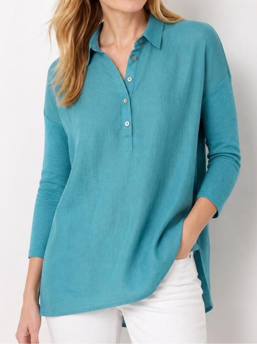 J.Jill Love Linen Teal 100% Linen Tunic Top XL 3/4 sleeve